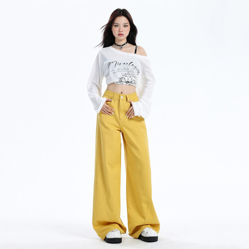 美式大直筒牛仔褲女夏季新款設計感天空藍寬松顯瘦鐮刀拖地濶腿褲