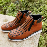 2024獨立站新款側拉鍊歐美復古手工編織西部牛仔靴