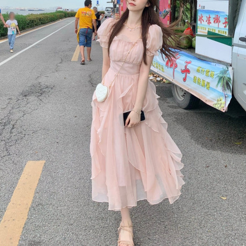 法式方領甜美溫柔仙女風連衣裙女夏季新款女裝收腰顯瘦中長款裙子