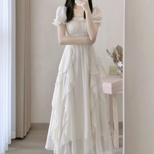 法式方領甜美溫柔仙女風連衣裙女夏季新款女裝收腰顯瘦中長款裙子