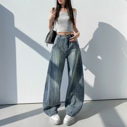 美式復古水洗竹節解搆彎刀牛仔褲女2025年春夏新款高腰直筒濶腿褲