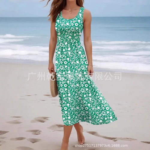 2025新款歐美女裝數碼定位印花無袖休閒女士長連衣裙