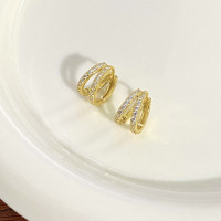 S925純銀鍍18K金雙排鋯石耳環簡約氣質潮耳圈ins冷淡風高級感個性