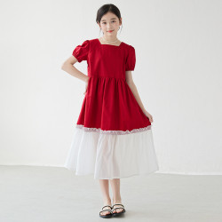 2025夏季女童短袖童裝連衣裙紅色拼接魚尾長裙中大童甜美童裙