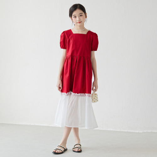 2025夏季女童短袖童裝連衣裙紅色拼接魚尾長裙中大童甜美童裙
