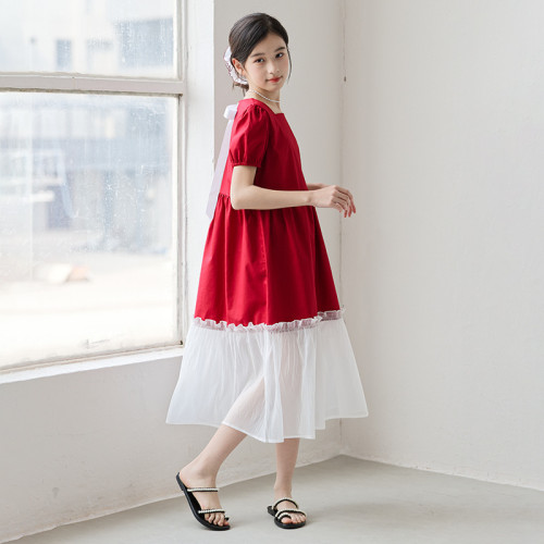 2025夏季女童短袖童裝連衣裙紅色拼接魚尾長裙中大童甜美童裙
