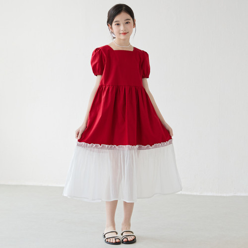 2025夏季女童短袖童裝連衣裙紅色拼接魚尾長裙中大童甜美童裙