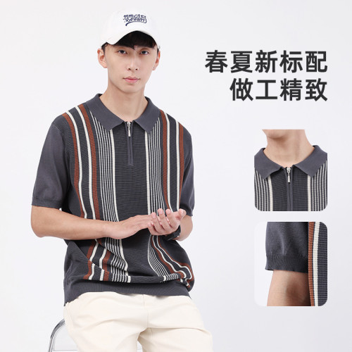 男士短袖保羅針織衫男冰絲商務polo衫翻領條紋t恤馬球衫