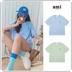 ami短袖馬卡龍色小愛心刺綉男女純棉寬松夏季時尚T恤半袖圓領上衣