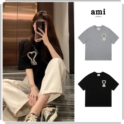 ami短袖馬卡龍色小愛心刺綉男女純棉寬松夏季時尚T恤半袖圓領上衣