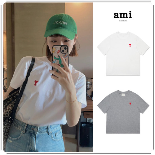 ami短袖馬卡龍色小愛心刺綉男女純棉寬松夏季時尚T恤半袖圓領上衣