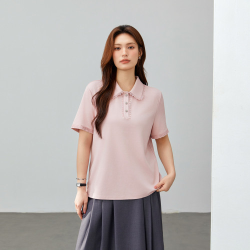 【溫柔減齡花邊拼接翻領百搭T恤】纖莉秀大碼女裝胖mm2025春新款