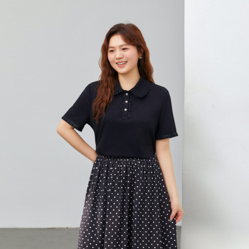 【溫柔減齡花邊拼接翻領百搭T恤】纖莉秀大碼女裝胖mm2025春新款
