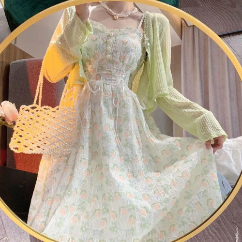 溫柔風碎花中長款連衣裙套裝女夏季新款薄款防曬開衫甜美吊帶裙子