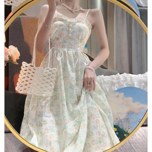 溫柔風碎花中長款連衣裙套裝女夏季新款薄款防曬開衫甜美吊帶裙子