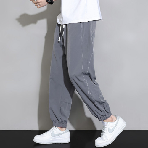 夏季男士冰絲休閒運動長褲速乾潮流束腳薄款寬松束腳褲加肥運動褲