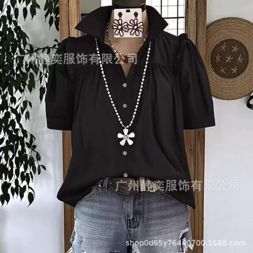 2025年春夏新款翻領襯衫女歐美簡約百搭寬松遮肉褶皺五分袖上衣女