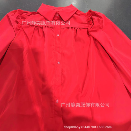 2025年春夏新款翻領襯衫女歐美簡約百搭寬松遮肉褶皺五分袖上衣女