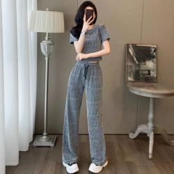 輕奢高級感休閒時尚套裝女夏季修身短款亮片短袖t恤濶腿褲兩件套