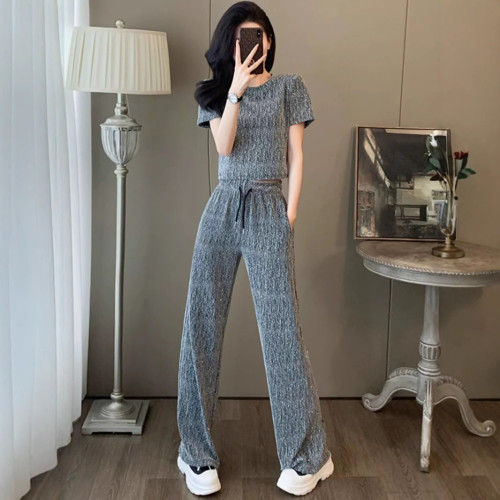 輕奢高級感休閒時尚套裝女夏季修身短款亮片短袖t恤濶腿褲兩件套