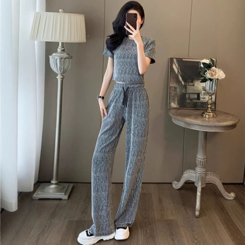 輕奢高級感休閒時尚套裝女夏季修身短款亮片短袖t恤濶腿褲兩件套