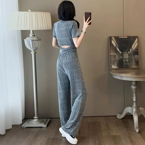 輕奢高級感休閒時尚套裝女夏季修身短款亮片短袖t恤濶腿褲兩件套