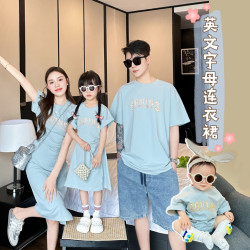 2025夏季新款顯瘦親子字母飛袖韓版親子裝母子母女嬰兒童裝連衣裙
