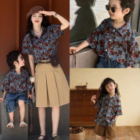 親子裝男女童26夏款洋氣復古港風花朵襯衫兒童休閒上衣度假風外套