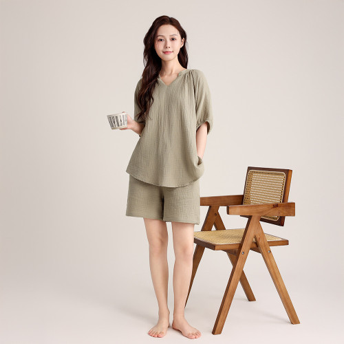 夏款純棉雙層縐布套裝女V領短款寬松休閒版可外穿法式家居服睡衣
