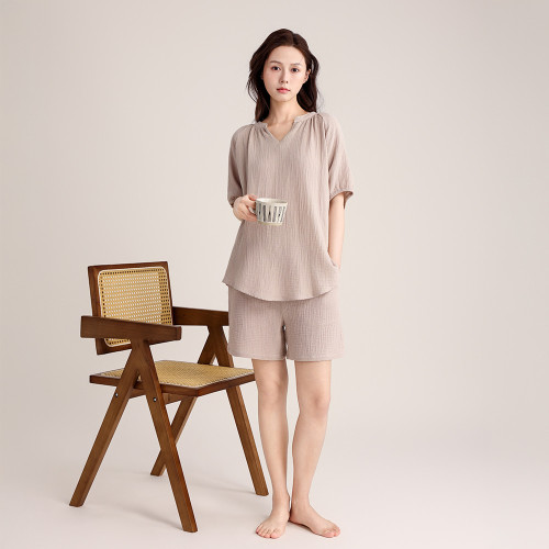 夏款純棉雙層縐布套裝女V領短款寬松休閒版可外穿法式家居服睡衣