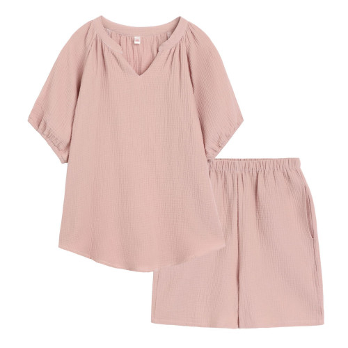 夏款純棉雙層縐布套裝女V領短款寬松休閒版可外穿法式家居服睡衣