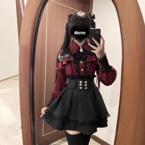 甜心邂逅暗黑量産型少女三色露肩襯衫+高腰半裙兩件套套裝