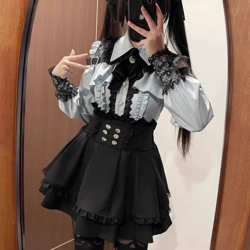 甜心邂逅暗黑量産型少女三色露肩襯衫+高腰半裙兩件套套裝