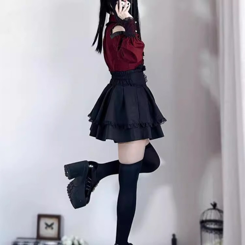 甜心邂逅暗黑量産型少女三色露肩襯衫+高腰半裙兩件套套裝