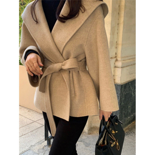  韓國chic法式復古氣質感連帽毛呢外套系帶小個子短款女
