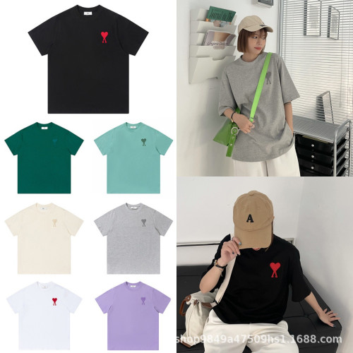 潮牌百搭AMI馬卡龍色愛心字母刺綉寬松春夏新款男女情侶短袖T恤
