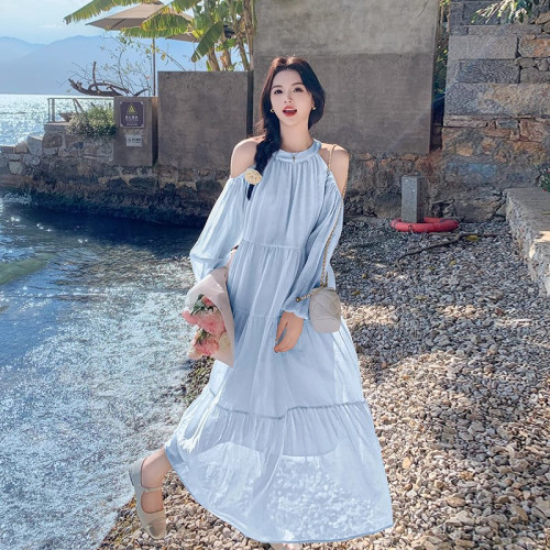 海邊度假風露肩連衣裙女2025新款法式溫柔風甜美寬松絕美仙女長裙
