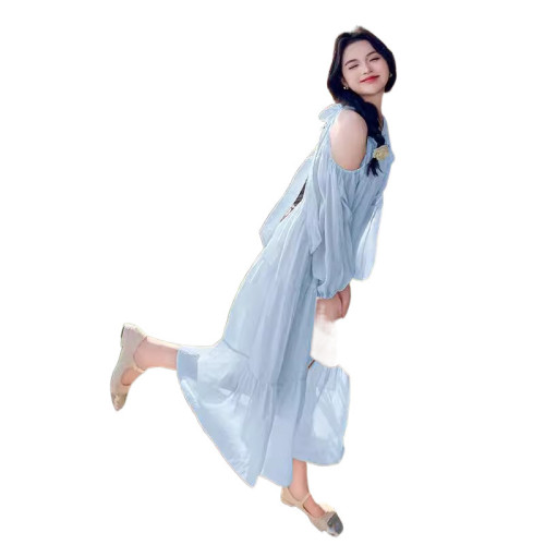 海邊度假風露肩連衣裙女2025新款法式溫柔風甜美寬松絕美仙女長裙