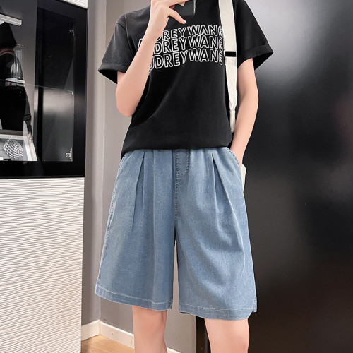天絲牛仔短褲女2025夏季薄款高腰垂感直筒濶腿褲休閒五分牛仔潮褲