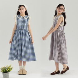 女童娃娃領格子連衣裙夏款中大童親子裝小飛袖無袖背心裙
