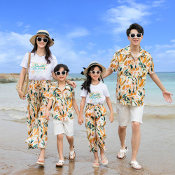新款親子裝夏裝抽象復古港風襯衫三亞海邊旅遊一家三四口母女套裝