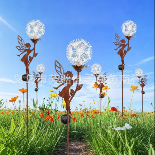 新款花仙子精靈與蒲公英共舞太陽能燈金屬工藝品插件花園裝飾