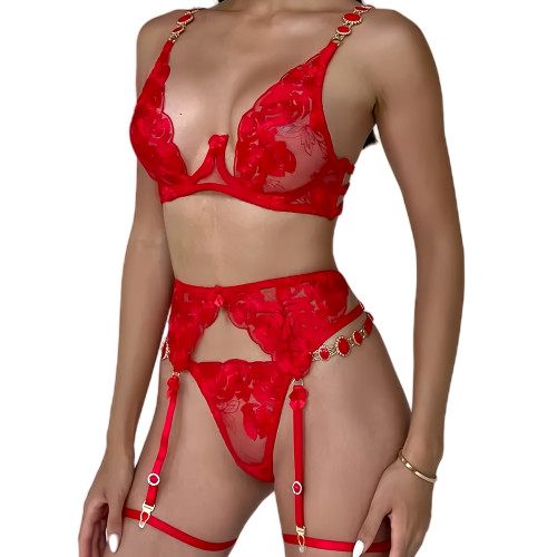 歐美性感情趣內衣復古刺綉寶石文胸三件套lingerie