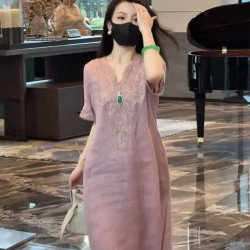 夏季新款寬松顯瘦氣質長裙子新中式國風重工刺綉領連衣裙女