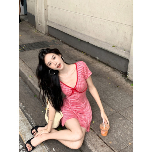 X紅色格子短袖連衣裙女裝夏季蝴蝶結辣妹短裙顯身材收腰a字裙子