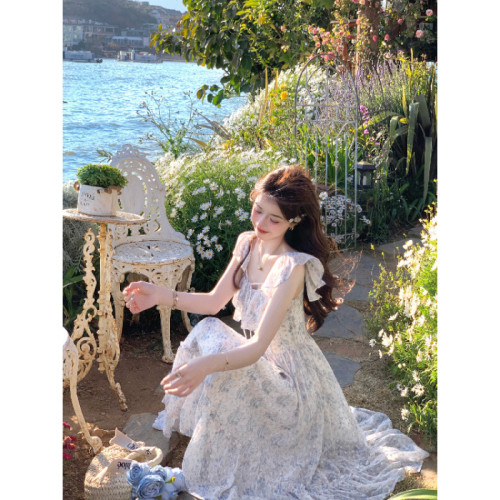 Z冰萃海鹽藍浪漫度假絕美一字肩連衣裙仙女夏季藍色碎花長裙
