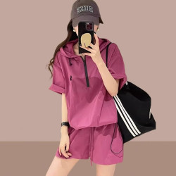 大碼防曬衣短褲兩件套歐洲站夏裝新款連帽時尚套裝女胖mm300