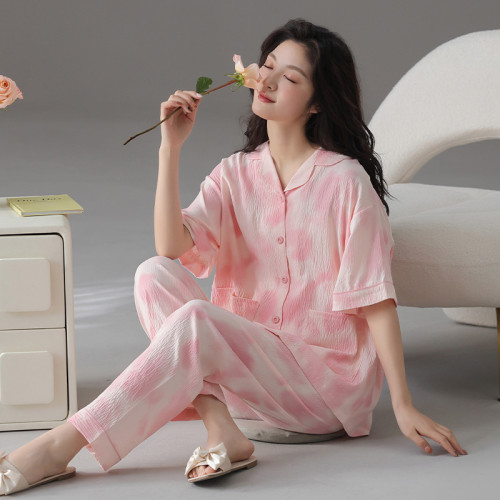雲朵棉短袖長褲翻領睡衣女夏季甜美春秋可外穿休閒大碼家居服套裝