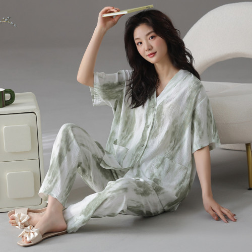 雲朵棉短袖長褲翻領睡衣女夏季甜美春秋可外穿休閒大碼家居服套裝