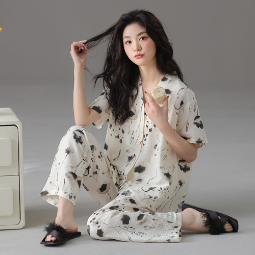 雲朵棉短袖長褲翻領睡衣女夏季甜美春秋可外穿休閒大碼家居服套裝